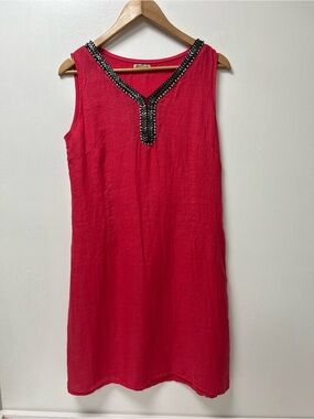 Lina Tomei Made in Italy 100% Linen Beaded Shift Dress XL Stretch Side Panels XL